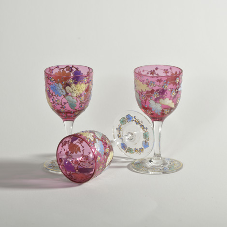 Three Antique Moser style ruby sherry or port glasses 