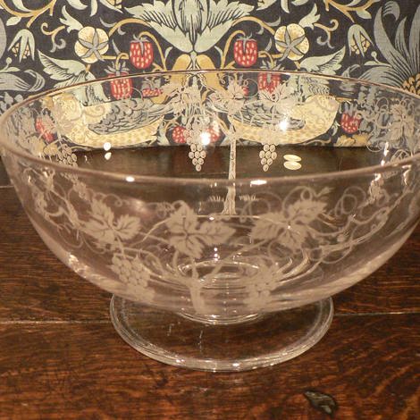 Stuart crystal bowl, etched grape tree vine pattern